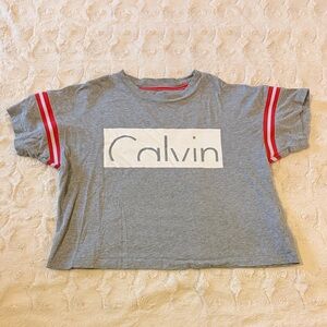 Calvin Klein Women’s Gray Cropped T-Shirt with Red Accents